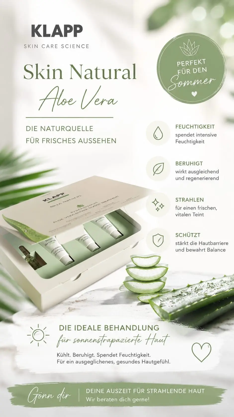 KLAPP Skin Natural Aloe Vera zeigt grüne Pflegeprodukte mit Aloe-Vera-Blättern sowie Hinweise auf Feuchtigkeit und Schutz.